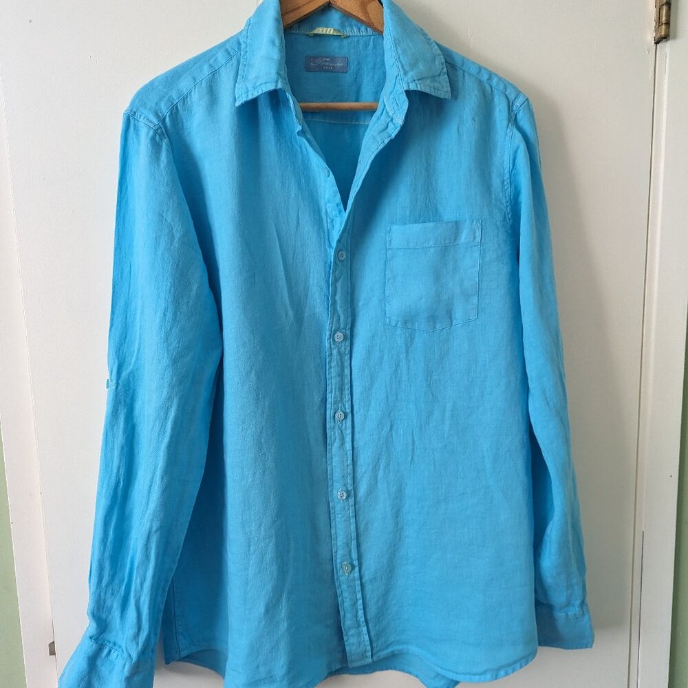 Toscano Men's Linen Shirt Aqua Size M - Pocket - Fold up Sleeves